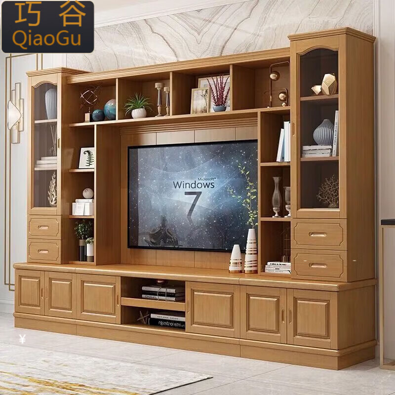 Qiaogu 2025 new new Chinese style solid wood TV cabinet living room wine cabinet multi-functional TV background cabinet film and television cabinet storage cabinet black walnut color 240cm*45cm*200cm