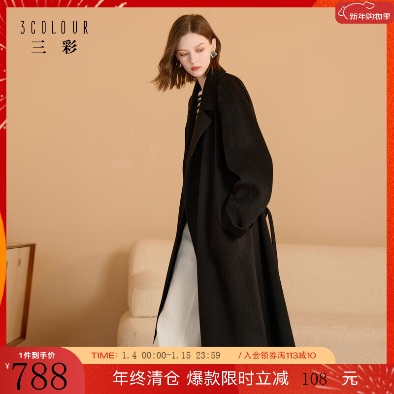 Tricolor 100 Sheep Wool 2025 Winter New Long Double-sided Wool Coat with Loose Lapel M Classic Black S 155/80A