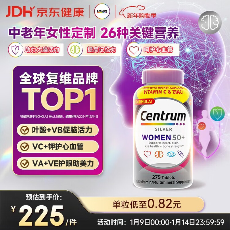 Centrum Overseas Multivitamin for Middle-aged and Elderly Women B Complex VCED Calcium Magnesium Zinc Cardiovascular Brain Vitamins 275 Capsules