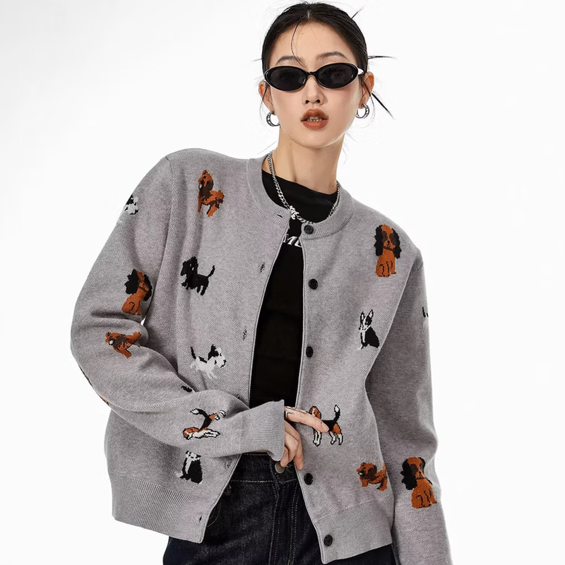 ICH MODE American short knitted sweater cardigan women's autumn and winter sweater light luxury Qiji red top lazy style wine red L