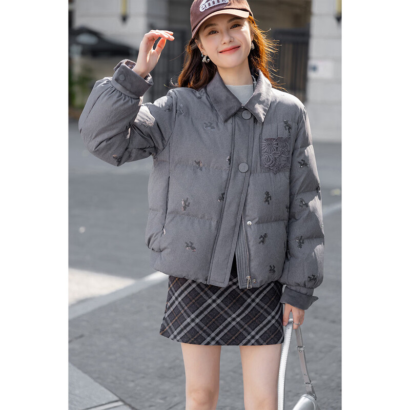 Ives (ITISF4) Qianjin style sweet temperament jacket winter high-end sequin embroidered short warm and cold down jacket gray S