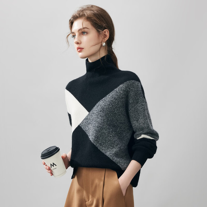 Komenboca 2025 autumn and winter new color block splicing cashmere sweater women's turtleneck sweater loose bottoming sweater midnight black XL