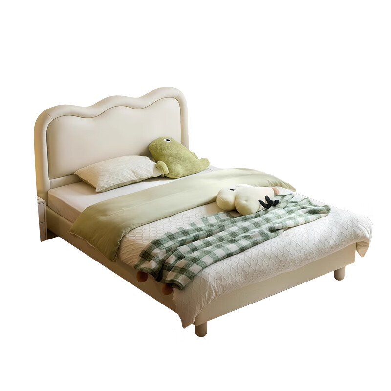Muyang brand cream style children's bed for girls and boys, wavy bedside with light, princess bed, wear-resistant leather single bed, 1.5m bed, solid wood pine bed board, bed + waist protector and spine protector, coconut palm mat, 1.2*2.0m frame structure