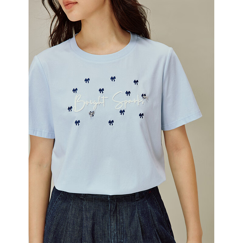 INMAN casual letter embroidered round neck short-sleeved T-shirt 2026 spring women's new versatile loose blue top light blue L