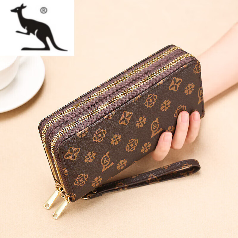 Kuqi Kangaroo (KUQIDAISHU) High-end Women's Wallet Long Style Girls New Year's Eve Fashion Double-layer Zipper Large Capacity Wallet Wallet Women's SLW-502 Coffee