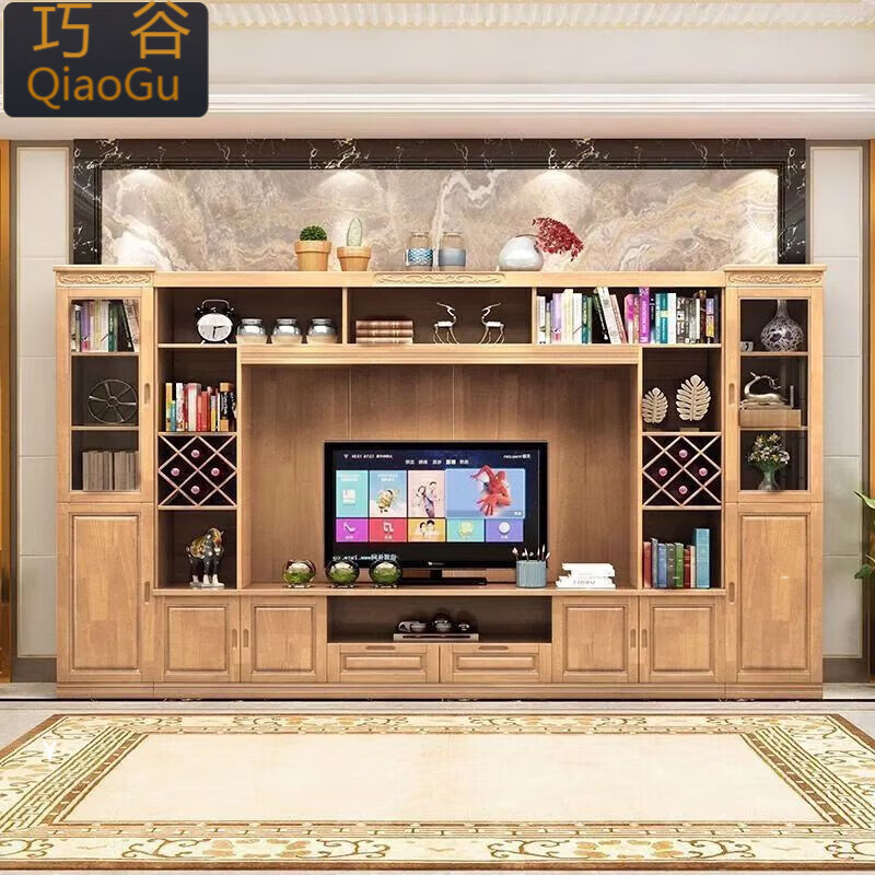 Qiaogu 2025 new new Chinese style solid wood TV cabinet living room wine cabinet multi-functional TV background cabinet film and television cabinet storage cabinet black walnut color 240cm*45cm*200cm