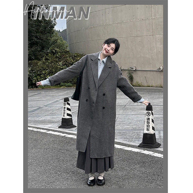 Inman wool double-sided wool coat winter women's commuter lapel collar cocoon-shaped temperament long coat dark floral gray S