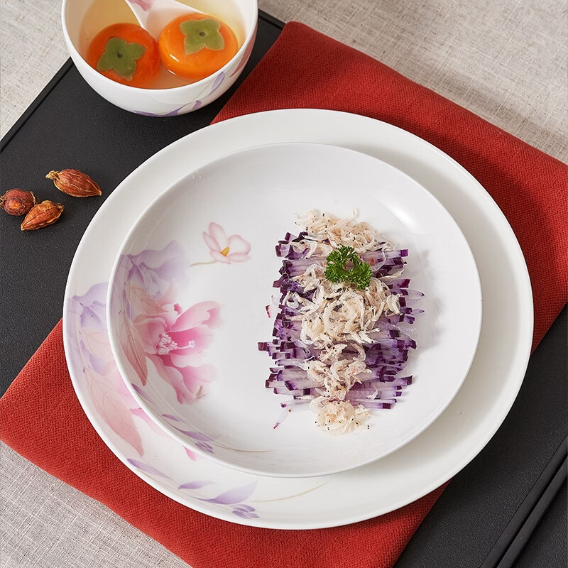 Huaguang National Porcelain Bowl and Plate Tableware Set Antibacterial Bone China Tableware and Dish Set Housewarming and Wedding Gift Flowers and Full Moon Suitable for 4 people Antibacterial Gift Box 22 pieces