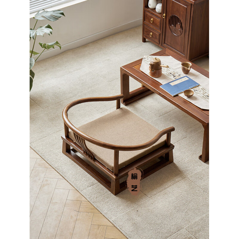 He Jiagong solid wood new Chinese style tatami chair low chair bay window chair Japanese style balcony meditation chair legless back chair tea table chair solid wood color sitting height 15 free seat cushion complete set