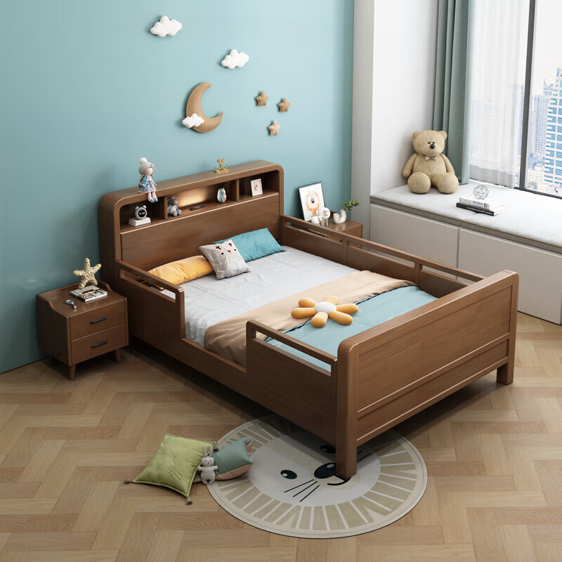 Children's solid wood bed with guardrails dormitory student single bed 1.5 meters simple small apartment bedroom bed with lights solid wood single bed door-to-door delivery 1.5 meters * 2.0 meters frame structure