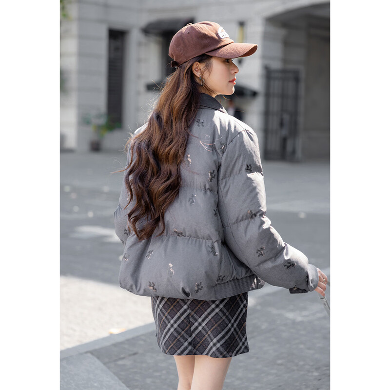 Ives (ITISF4) Qianjin style sweet temperament jacket winter high-end sequin embroidered short warm and cold down jacket gray S