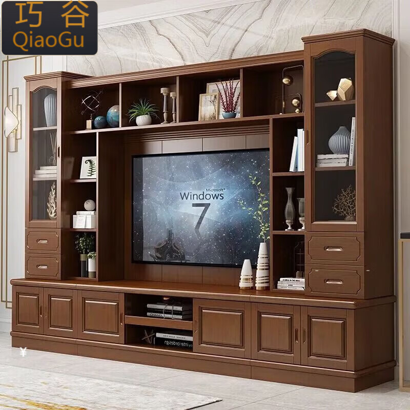 Qiaogu 2025 new new Chinese style solid wood TV cabinet living room wine cabinet multi-functional TV background cabinet film and television cabinet storage cabinet black walnut color 240cm*45cm*200cm
