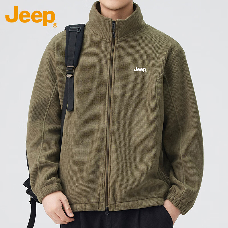 JEEP Jeep Polar Fleece Jacket Men's Autumn and Winter Cardigan Sweater Jacket Warm Top Men's Military Green XL