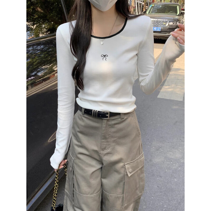 TonLion 2025 Autumn and Winter Women's Round Neck Collar Front Chest Pattern Long Sleeve Bottoming Shirt