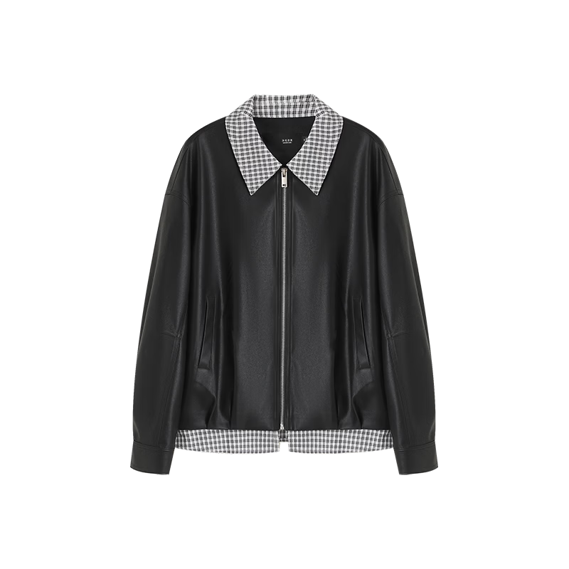 Mohan Yimei 2026 Spring New Style Cool Style Pattern Fake Two-piece Cocoon Shape Drop Shoulder Loose Short Leather Jacket for Women