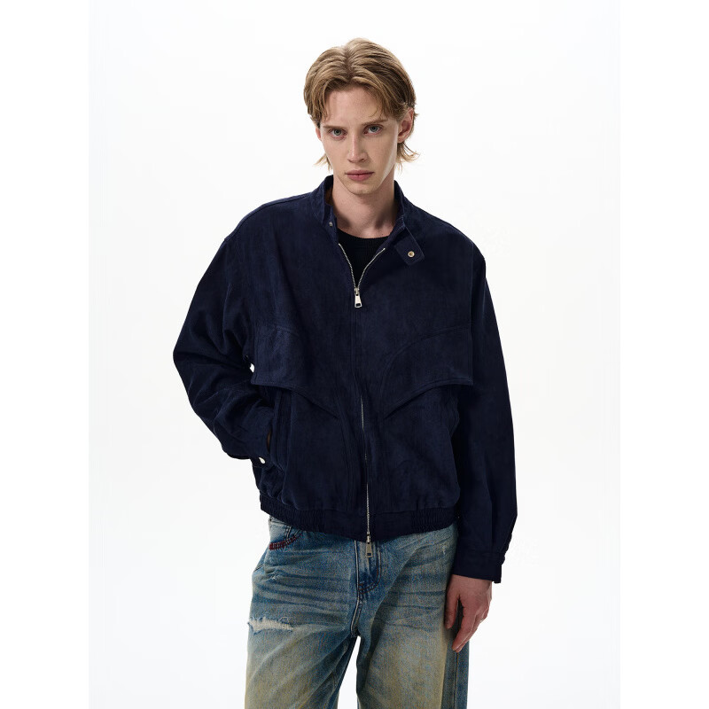 DEREJERINE retro Barn style suede stand collar work jacket for men and women, loose casual short style deconstructed jacket trendy Khaki L