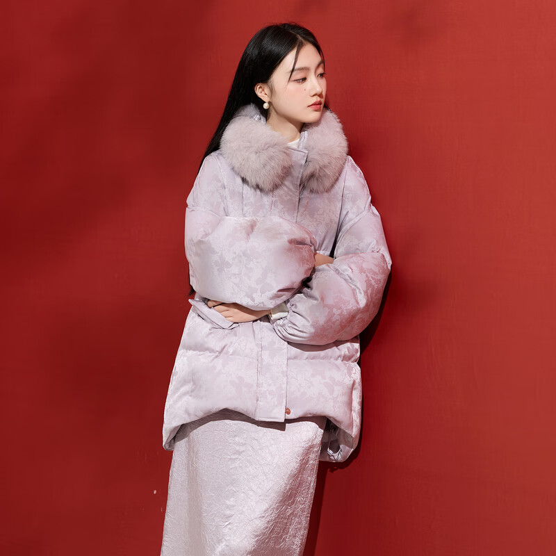 Three Colors Smoke Light Purple 2025 Winter New Jacquard Down Jacket Fox Fur Collar 90 White Duck Down Jacket C