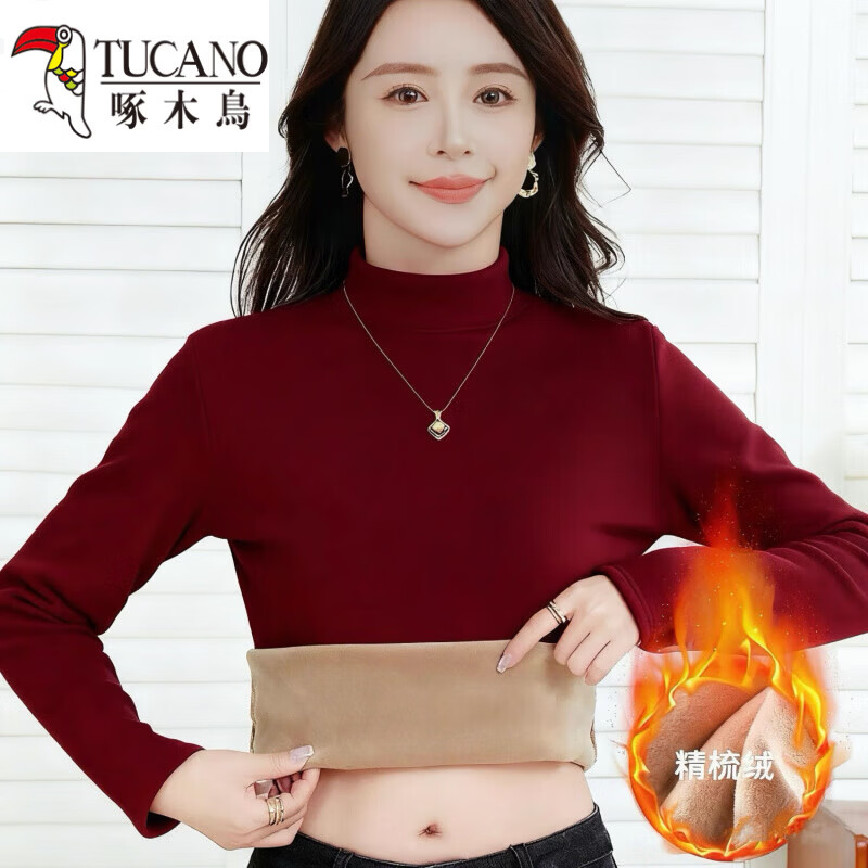 Woodpecker (TUCANO) velvet bottoming shirt for women, half turtleneck, thickened lining, combed velvet winter stand-up collar, slim slimming warm top for women, brown L, velvet style, 100-110 pounds to wear