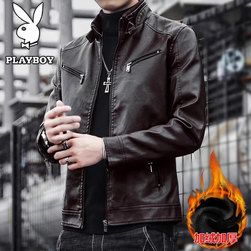 Playboy (PLAYBOY) Jacket Leather Men's Autumn and Winter Jacket Motorcycle Jacket Thickened Velvet Casual Stand Collar Top Black Velvet 4XL