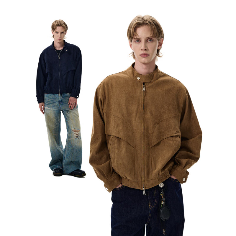 DEREJERINE retro Barn style suede stand collar work jacket for men and women, loose casual short style deconstructed jacket trendy Khaki L