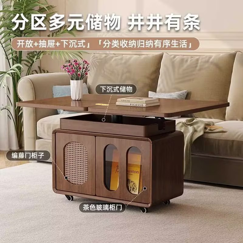 Solid wood coffee table folding lift removable sofa side cabinet living room sofa side table JD express fast and good walnut color removable-upgrade folding coffee table side table