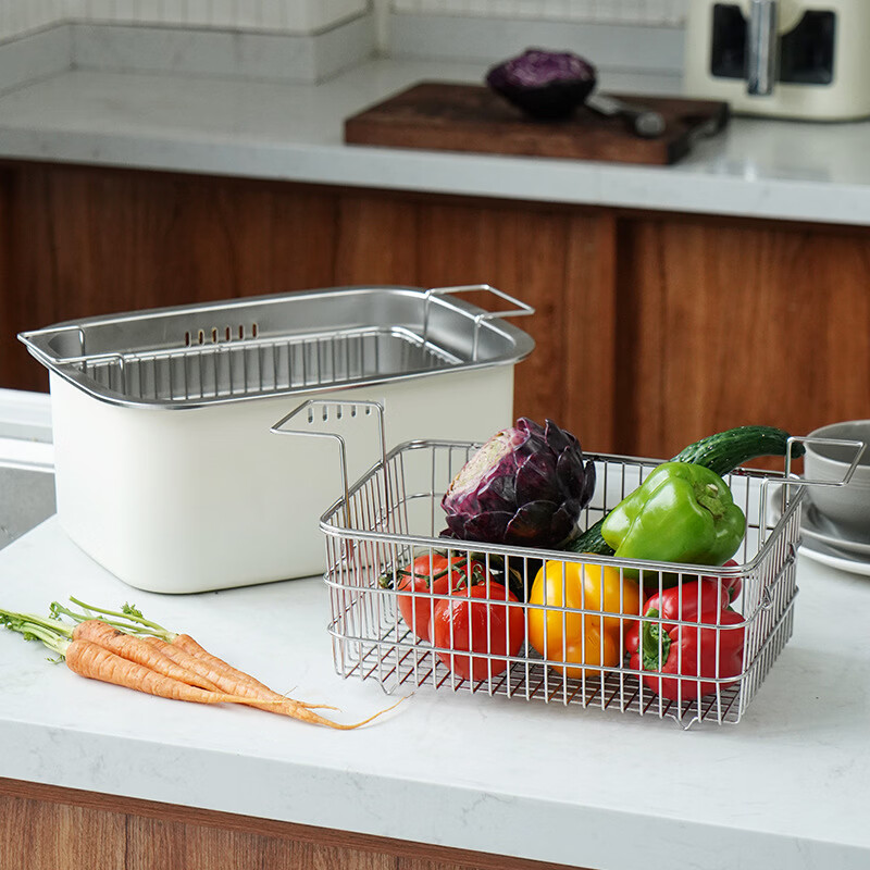 Sailoto cross-border Japanese-style large vegetable washing basin fruit and vegetable drain basket 304 stainless steel multi-purpose frying basket filter frying basket white 7.5L 304 stainless steel vegetable washing square basin