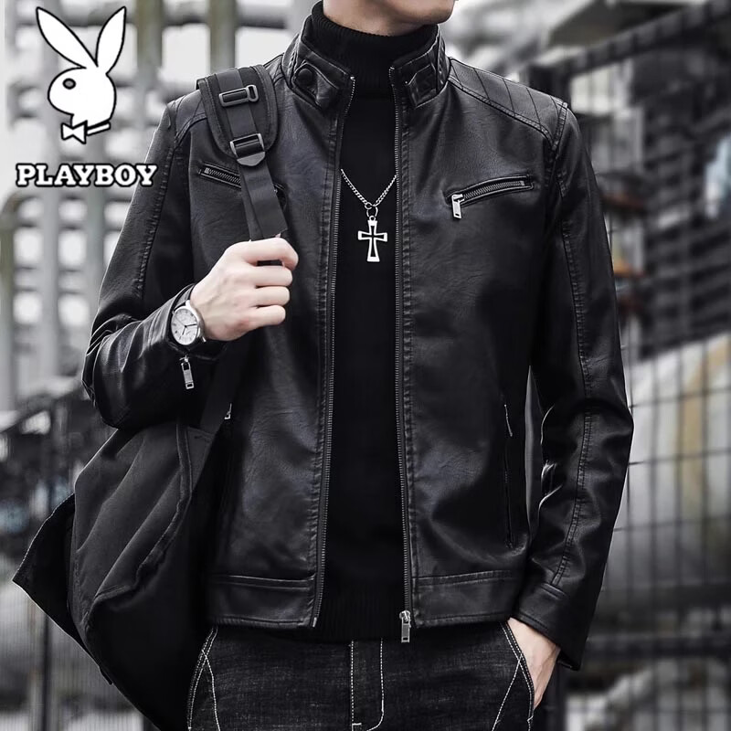 Playboy (PLAYBOY) Jacket Leather Men's Autumn and Winter Jacket Motorcycle Jacket Thickened Velvet Casual Stand Collar Top Black Velvet 4XL