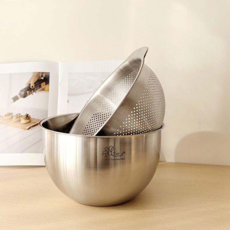 Ronghua Schwerox 1810 stainless steel drain basket vegetable sink fruit basin kitchen household vegetable and fruit drain two-piece set 24cm salad bowl with double-ear drain basket