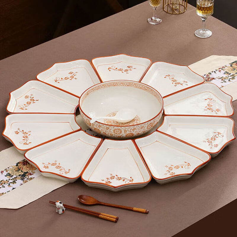 Hualeji Plate Set Platter 10 Plate Dinner Plate Round Table Reunion Plate Dinner Plate Set Household Tableware Brown Flower Shape 60cm 8 Plates + Tai Chi Plate
