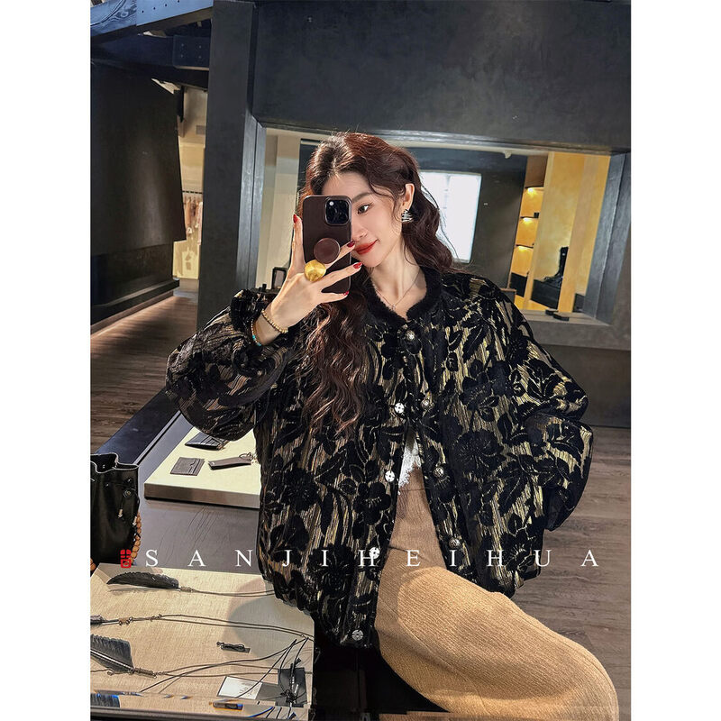 Sanji Heihua Sui Sui Huan New Chinese Style Gold Burnt Flower Down Jacket Women 2026 Huge Good-looking Winter Jacket Trend Green (90 White Duck Down) L