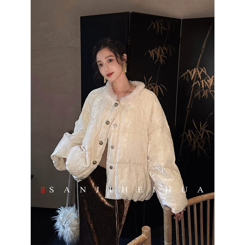 Sanji Heihua Sui Sui Huan New Chinese Style Gold Burnt Flower Down Jacket Women 2026 Huge Good-looking Winter Jacket Trend Green (90 White Duck Down) L