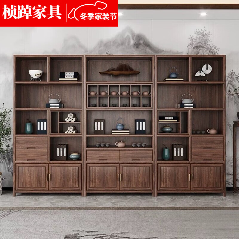 Zhenzhen new Chinese style old elm tea room display cabinet solid wood archaic shelf office cabinet bookcase Duobao Pavilion wine cabinet storage cabinet three-piece set