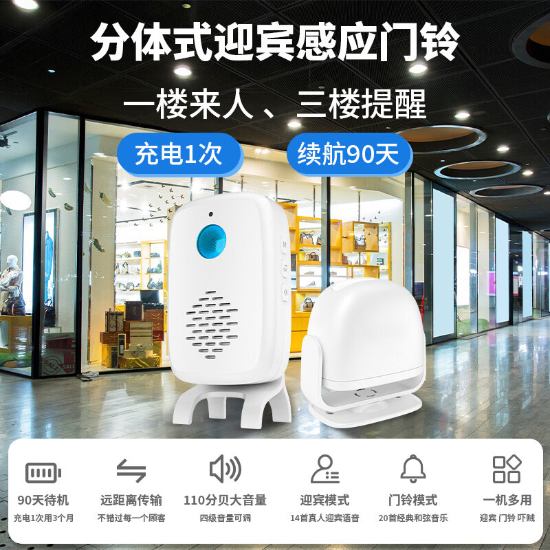 Sanqihu door welcome sensor split doorbell welcome store supermarket entrance voice prompt alarm F rechargeable model 2 bell host 1 sensor (comes with remote control)