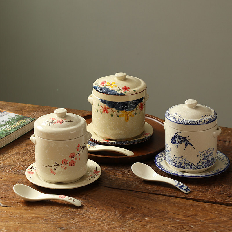 Tuojin Jingdezhen ceramic water-proof stew pot with lid, double lid and double ears, stewed bird's nest cup, steamed egg cup, stew pot, household large inner pot, 40-head porcelain spoon, suitable for 1 person, 600ml