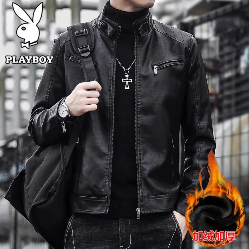 Playboy (PLAYBOY) Jacket Leather Men's Autumn and Winter Jacket Motorcycle Jacket Thickened Velvet Casual Stand Collar Top Black Velvet 4XL