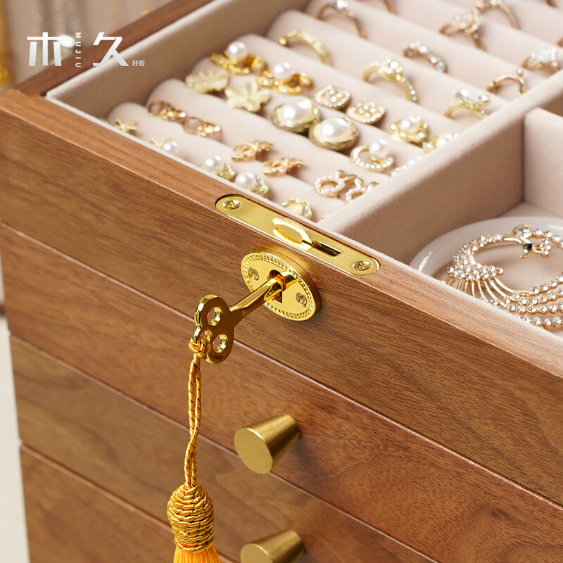 Mujiu dressing table jewelry box wedding gift box desktop storage rack necklace jewelry storage cabinet jewelry storage box four-layer jewelry box with lock and mirror