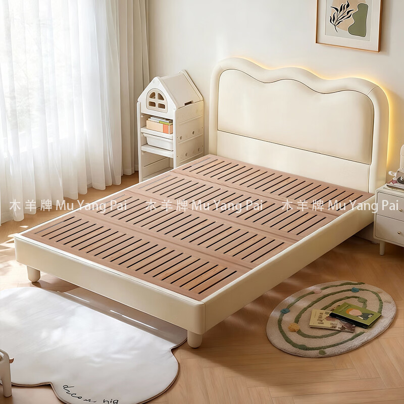 Muyang brand cream style children's bed for girls and boys, wavy bedside with light, princess bed, wear-resistant leather single bed, 1.5m bed, solid wood pine bed board, bed + waist protector and spine protector, coconut palm mat, 1.2*2.0m frame structure
