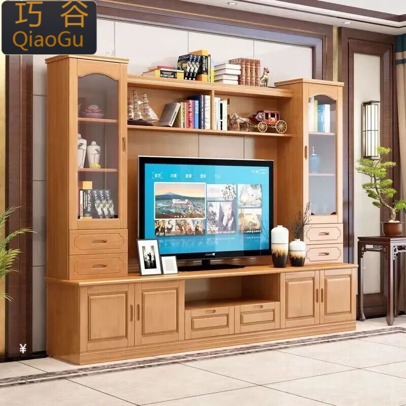 Qiaogu 2025 new new Chinese style solid wood TV cabinet living room wine cabinet multi-functional TV background cabinet film and television cabinet storage cabinet black walnut color 240cm*45cm*200cm