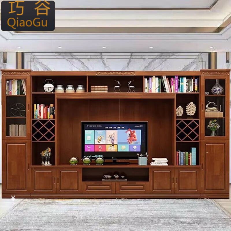 Qiaogu 2025 new new Chinese style solid wood TV cabinet living room wine cabinet multi-functional TV background cabinet film and television cabinet storage cabinet black walnut color 240cm*45cm*200cm