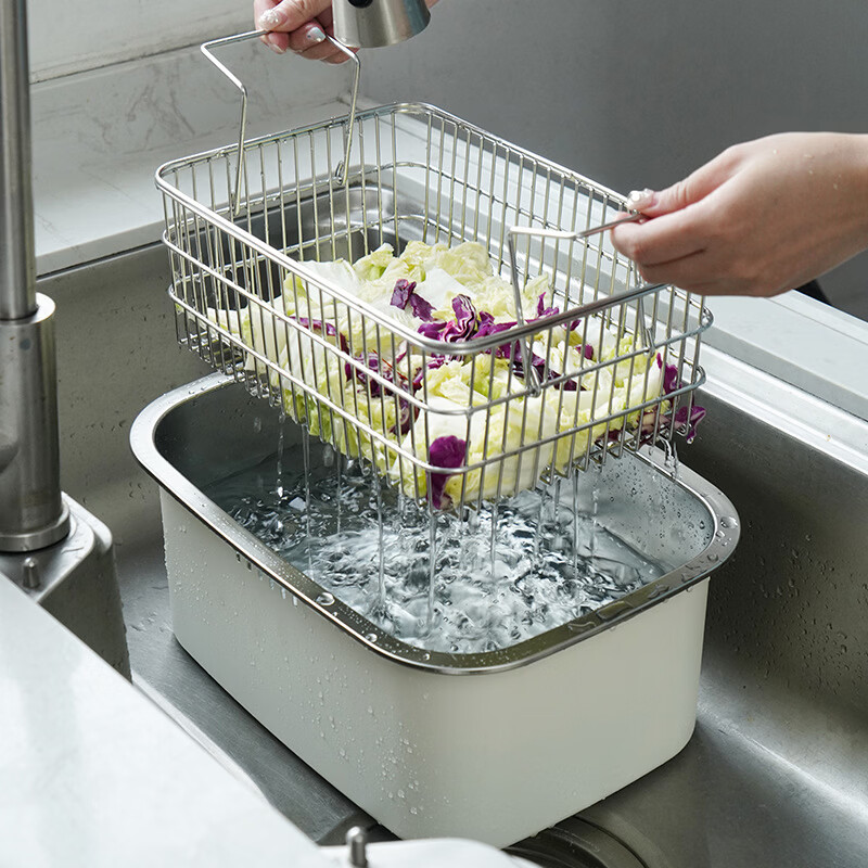 Sailoto cross-border Japanese-style large vegetable washing basin fruit and vegetable drain basket 304 stainless steel multi-purpose frying basket filter frying basket white 7.5L 304 stainless steel vegetable washing square basin