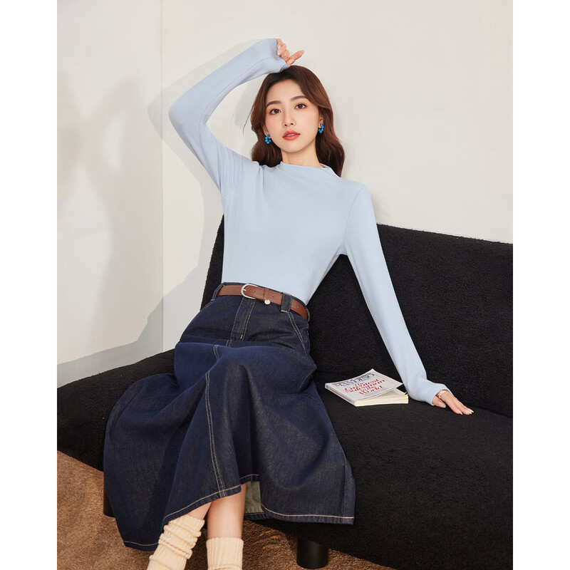 IEF/Aiyifu 2025 new autumn and winter Korean style thin velvet half turtleneck solid color knitted sweater with bottoming shirt for women