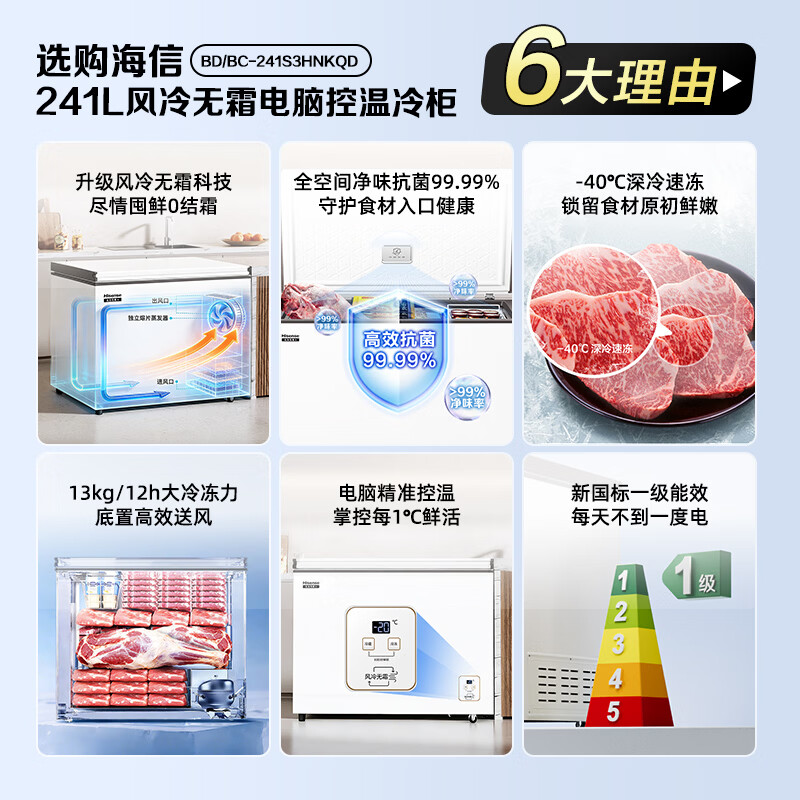 Hisense 241-liter single-temperature household freezer air-cooled, frost-free, first-level energy efficiency, deep-cooling, quick-freezing, computer-controlled temperature, odor-free, antibacterial BD/BC-241S3HNKQD, national subsidy