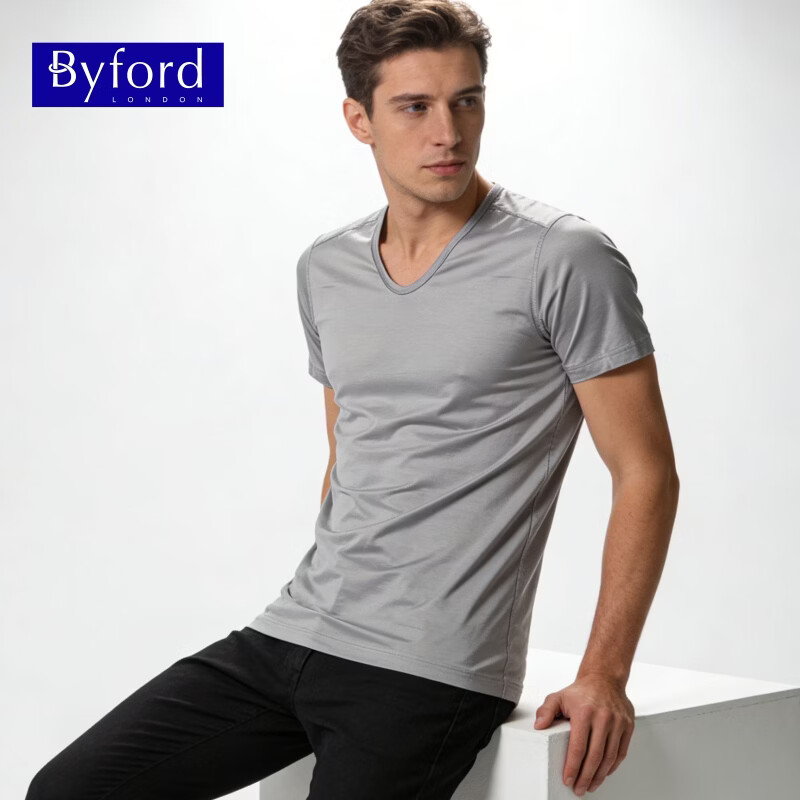 BYFORD/Baifu men's short-sleeved underwear Egyptian cotton men's bottoming shirt T-shirt solid color top sports MW2236 gray M
