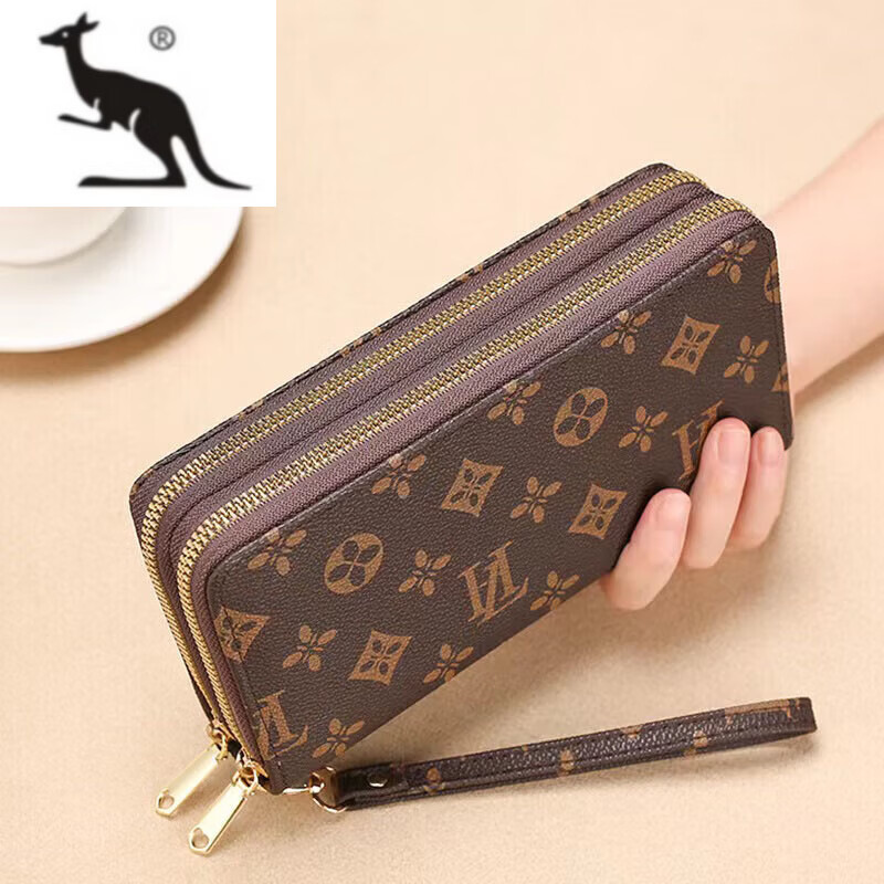 Kuqi Kangaroo (KUQIDAISHU) High-end Women's Wallet Long Style Girls New Year's Eve Fashion Double-layer Zipper Large Capacity Wallet Wallet Women's SLW-502 Coffee