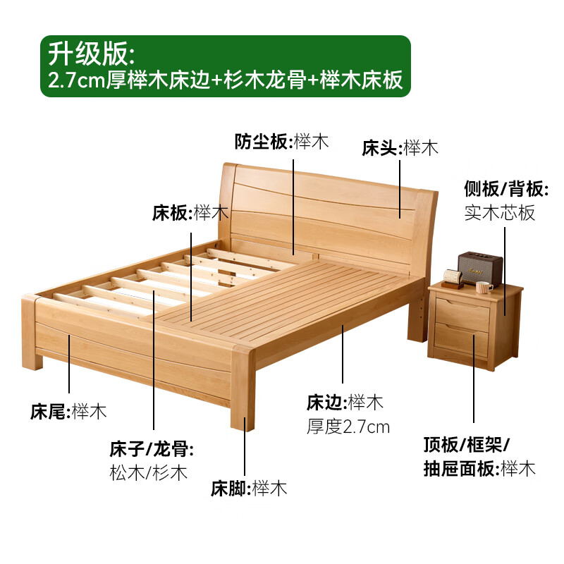 Virgin forest beech bed, all solid wood double bed, thickened simple solid wood large bed, beech furniture, log bed, master bedroom wedding bed, single bed, standard version 1.8*2.0 meters-2.7cm thick beech bedside + fir keel + pine bed board
