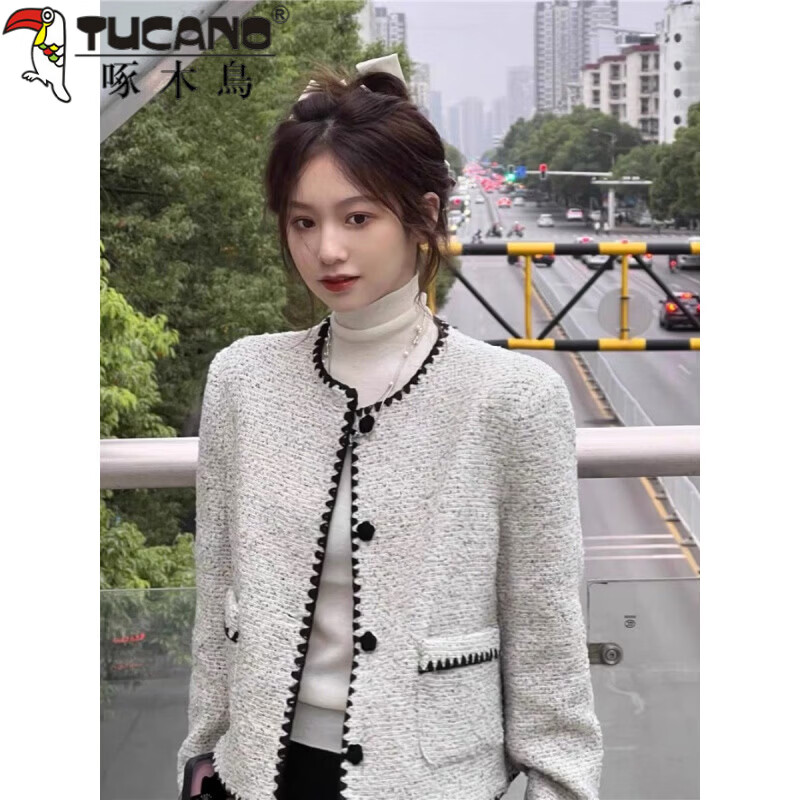 Woodpecker (TUCANO) French style small fragrant jacket women's short spring and autumn 2026 new high-end celebrity temperament small winter high-end sense gray white S recommended 70-95 pounds