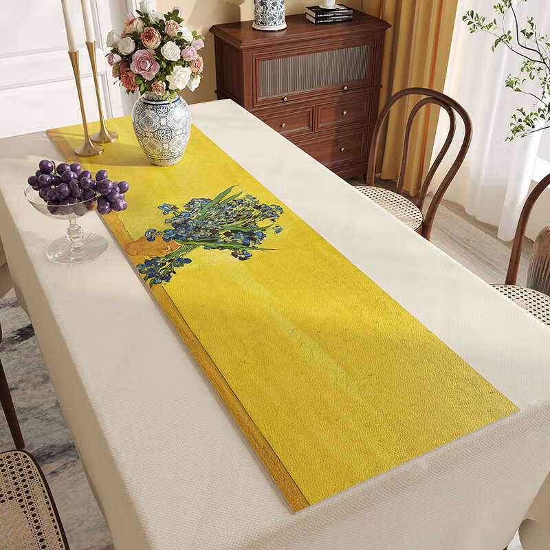 Yusenyi dining table leather table runner no-wash waterproof oil-draining TV cabinet table mat oil painting coffee table mat sideboard cupboard cover Sunflower 33CMx200CM (can be cut and customized)