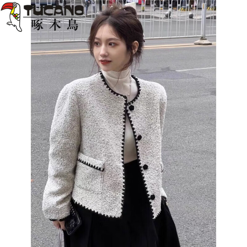 Woodpecker (TUCANO) French style small fragrant jacket women's short spring and autumn 2026 new high-end celebrity temperament small winter high-end sense gray white S recommended 70-95 pounds
