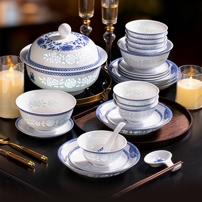 Manyuan Jingdezhen high-end 2026 new high-end exquisite exquisite porcelain housewarming gift tableware set light luxury bowl and plate set Wanhua eight treasures pattern exquisite 10-person configuration 58-piece set