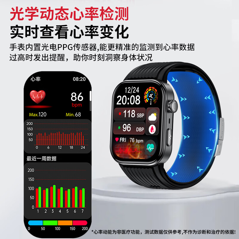 Lacawei high-precision blood pressure measurement watch, blood sugar, multifunctional health, non-invasive blood pressure, blood oxygen, heart rate, uric acid monitoring, smart watch, sports bracelet, suitable for Huawei OS system, air pump and airbag test, black silicone band S191, blood sugar, blood pressure, blood lipids, uric acid + pressure monitoring